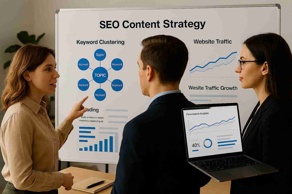 SEO content strategy planning for long term organic traffic growth with keyword research and content cluster development